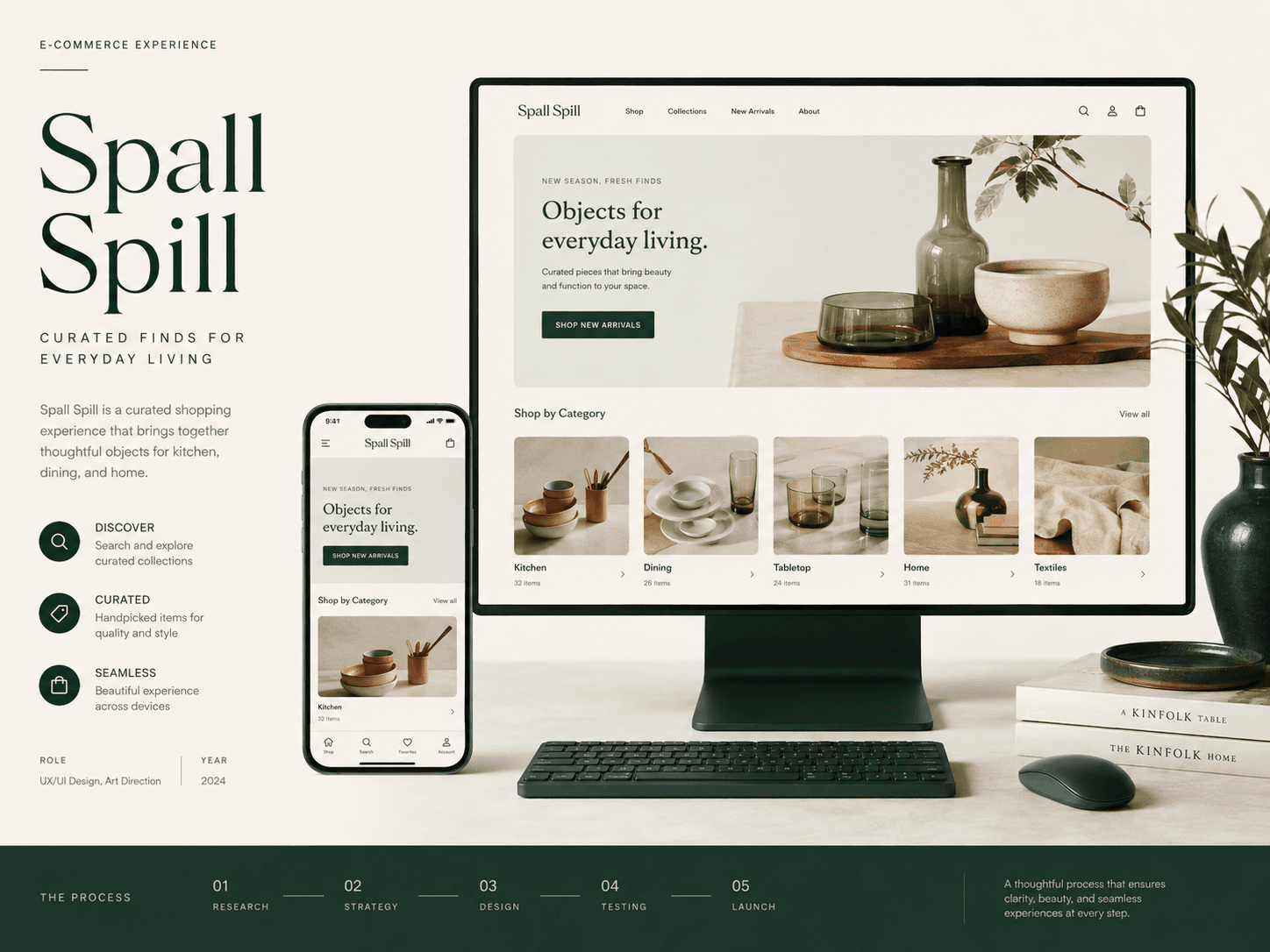 Spall Spill ecommerce interface case study across desktop and mobile.