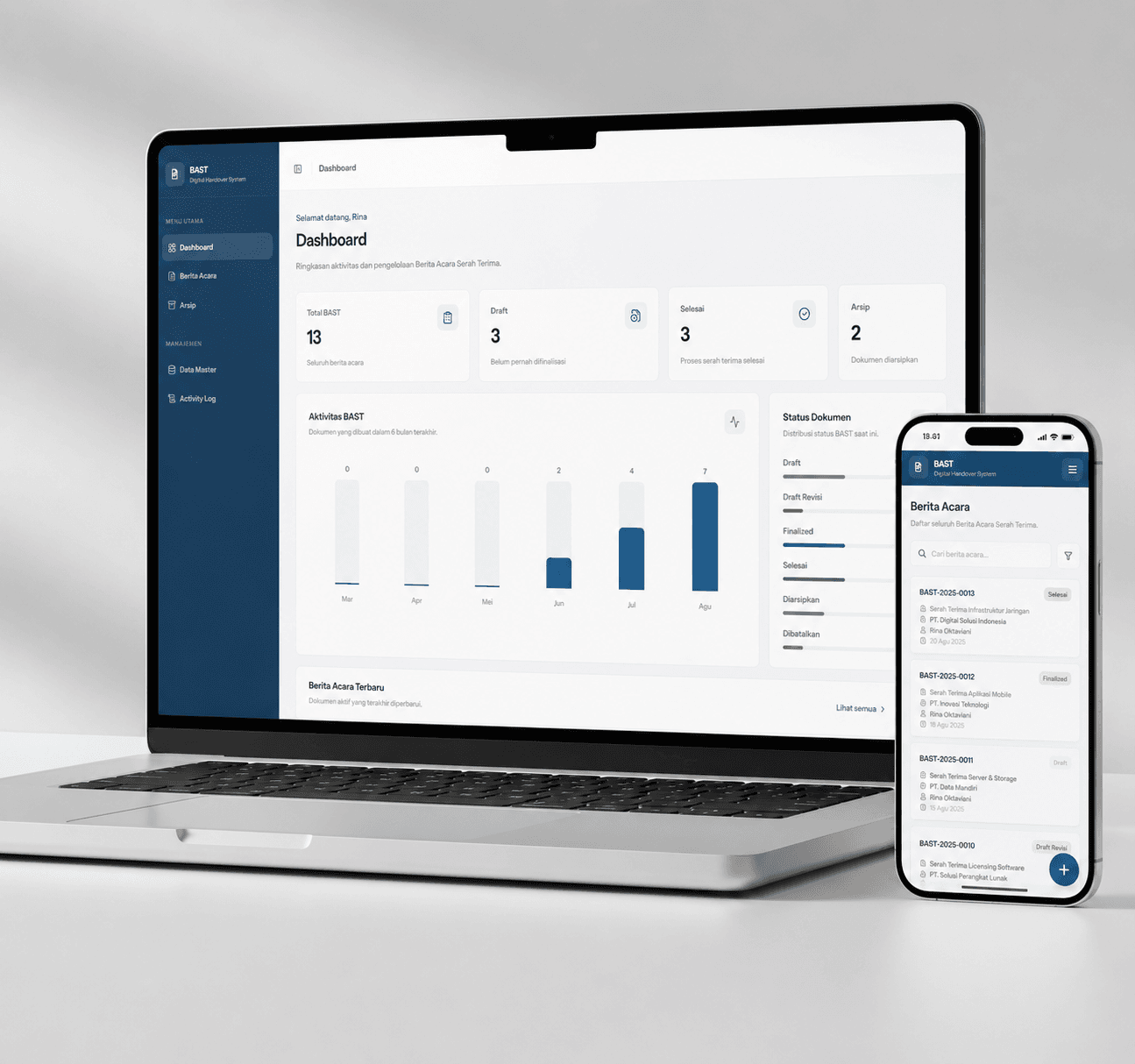 BAST management system displayed on laptop and mobile device mockups.